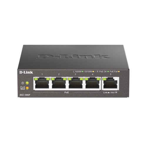 Dlink Switch DGS1005P Unmanaged Desktop 1 Gbps (RJ45) ports quantity 5 PoE ports quantity 4 Power supply type External